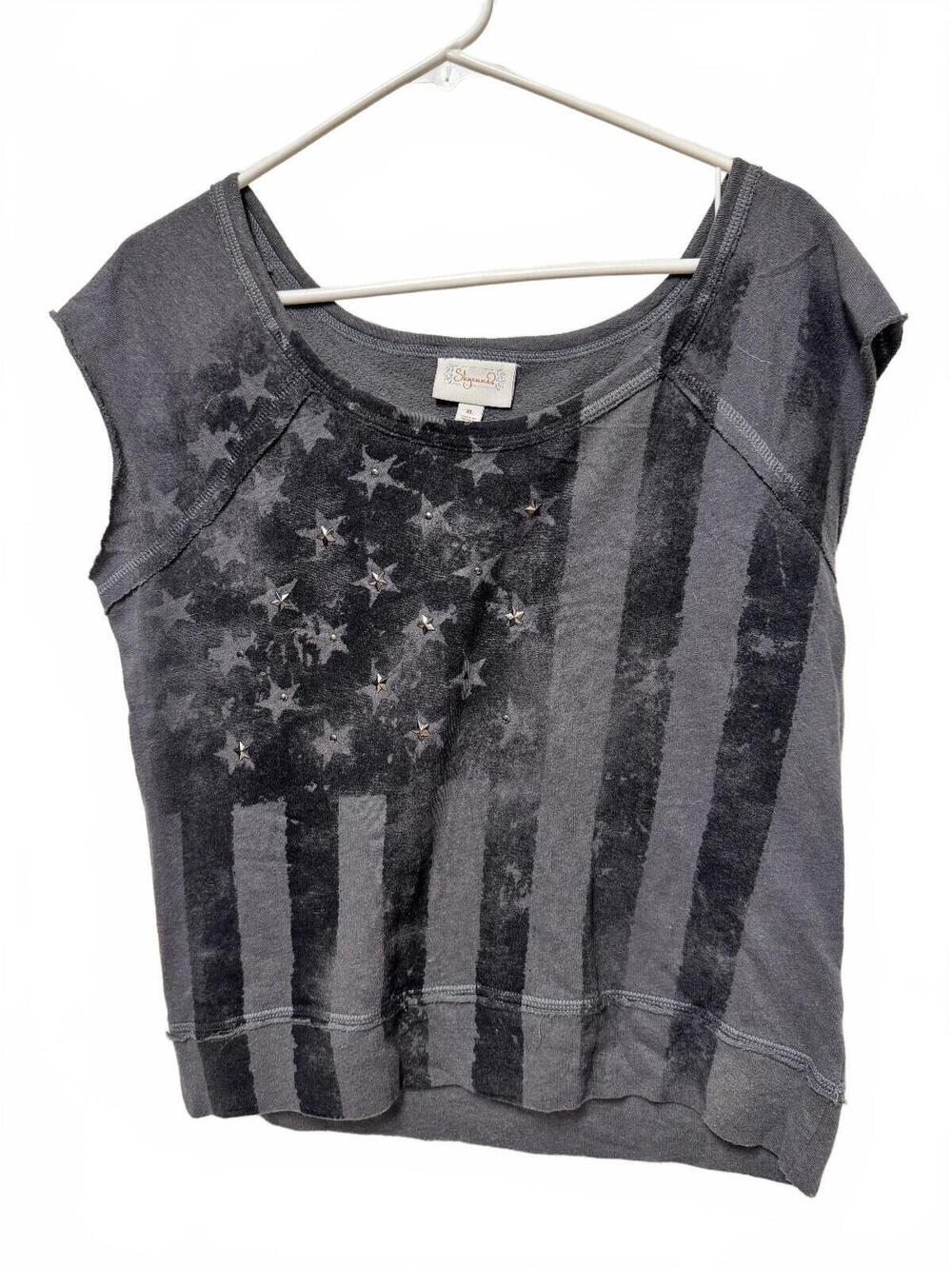 Shyanne American Flag Studded Raw Edge Short Sleeve Sweatshirt Charcoal XL